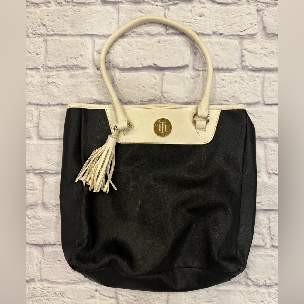 Tommy Hilfiger Vintage Leather Purse Black White Tassel Y2K Tote Style Bag